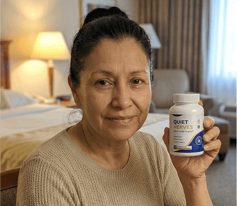 Woman holding Quiet Nerves bottle